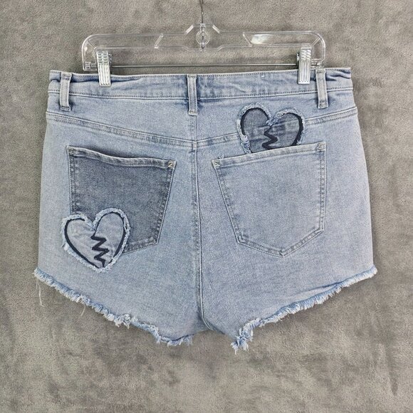 Womens Rue+ Blue Denim Shorts Distressed Heart Appliques Frayed Hem Hi Rise 14 - Picture 6 of 10